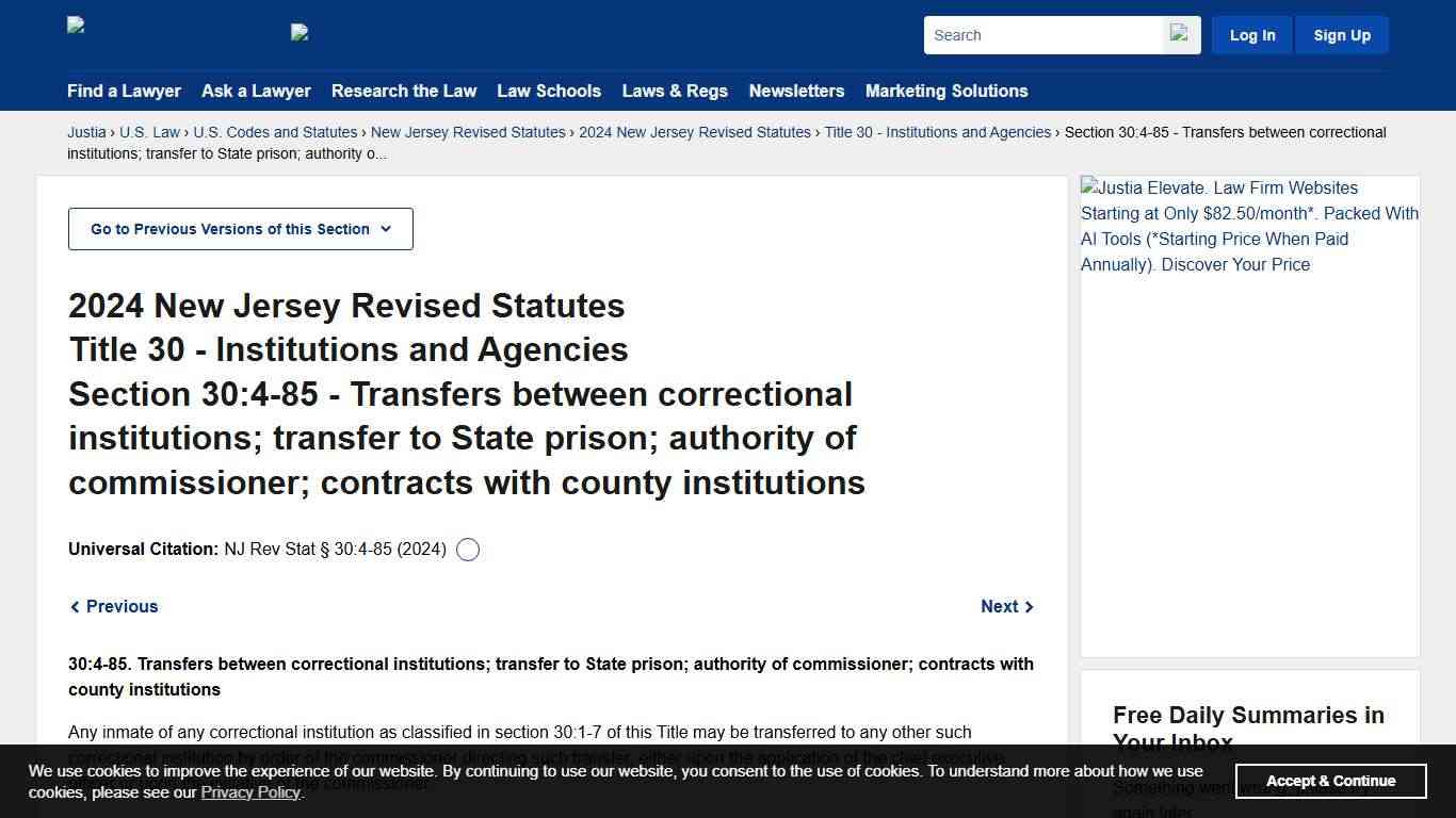New Jersey Revised Statutes Section 30:4-85 (2024) - Transfers between correctional institutions; transfer to State prison; authority of commissioner; contracts with county institutions :: 2024 New Jersey Revised Statutes :: U.S. Codes and Statutes :: U.S. Law :: Justia