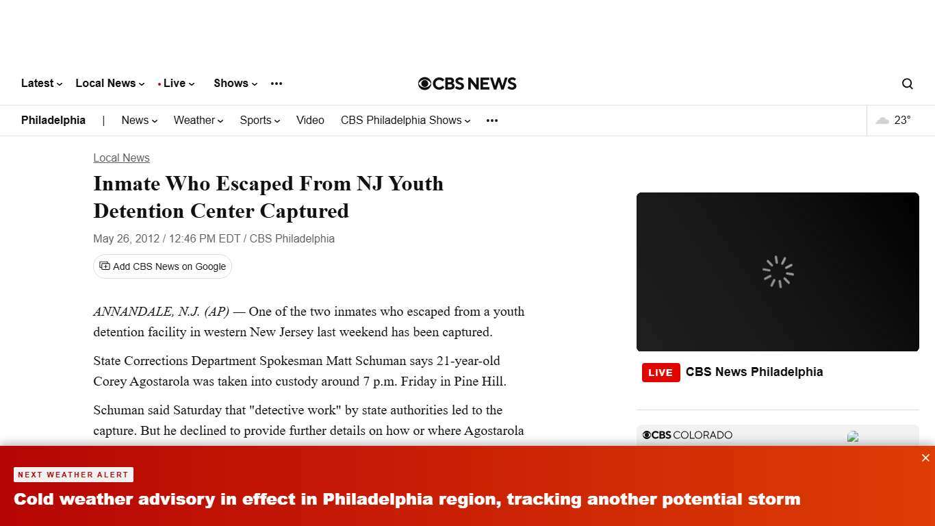 Inmate Who Escaped From NJ Youth Detention Center Captured - CBS Philadelphia