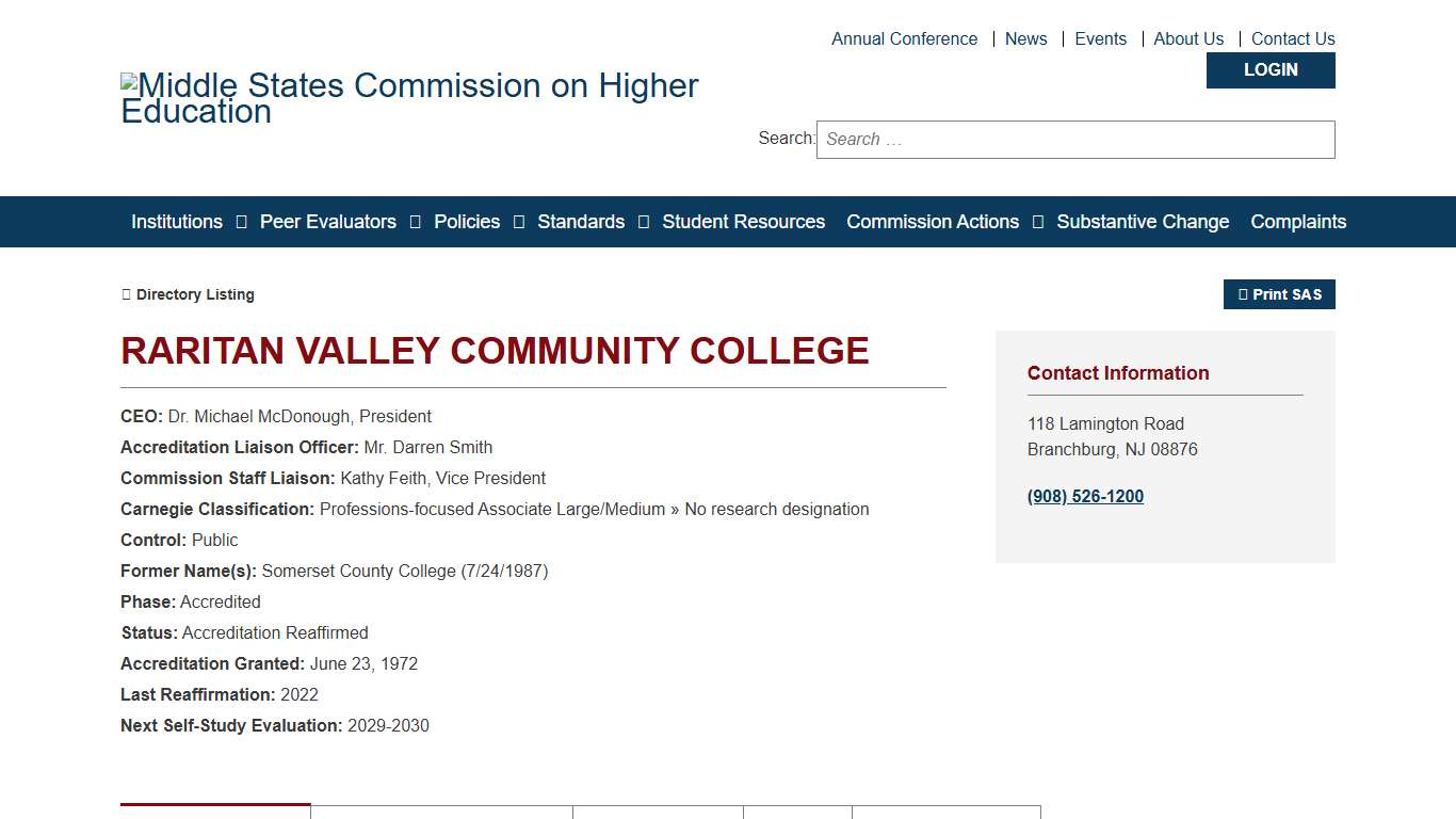 Raritan Valley Community College - Statement of Accreditation Status
