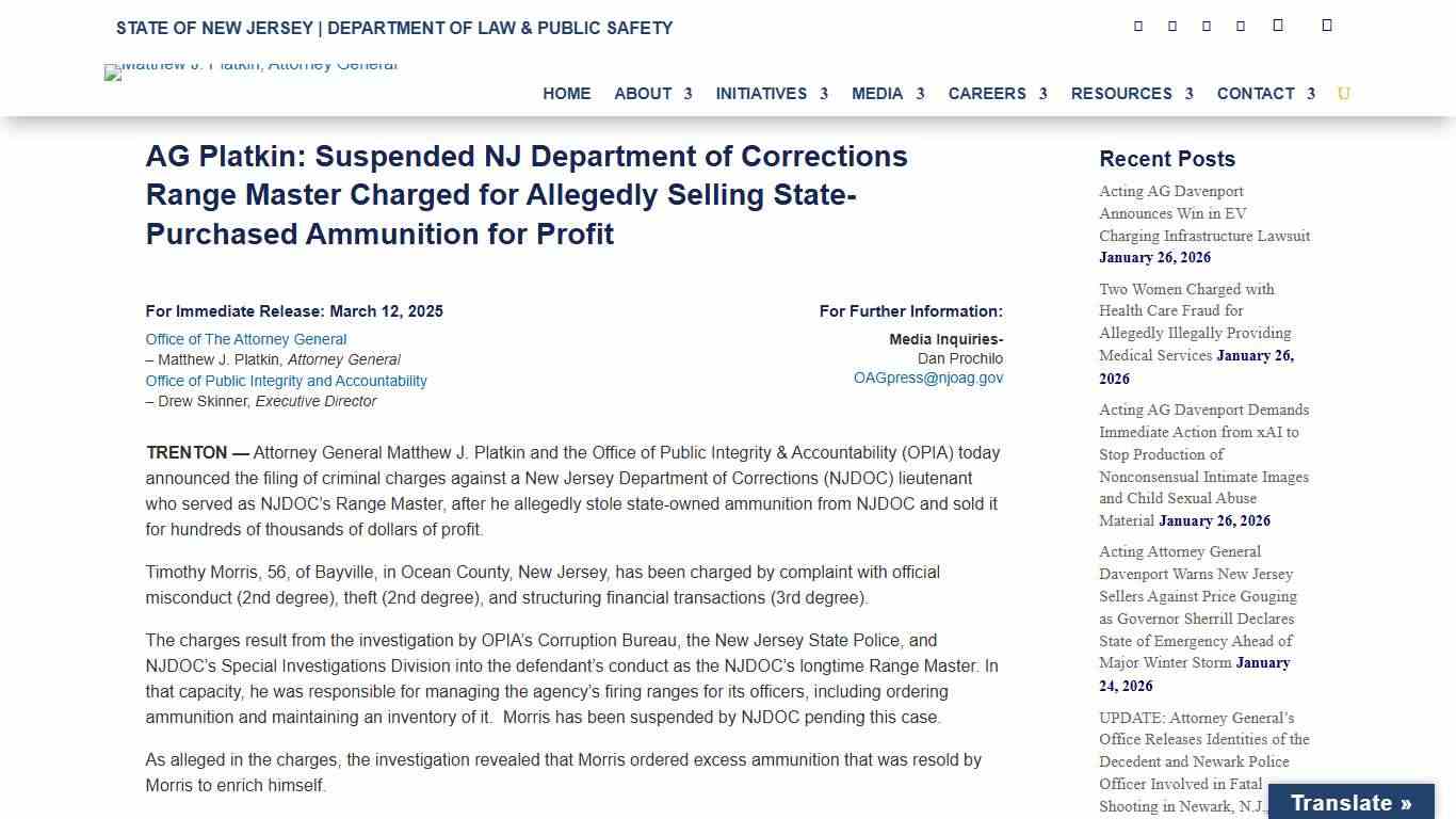 AG Platkin: Suspended NJ Department of Corrections Range Master Charged for Allegedly Selling State-Purchased Ammunition for Profit - New Jersey Office of Attorney General